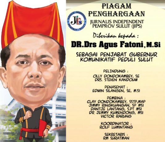 Pjs Gubernur Agus Fatoni Terima Penghargaan Penjabat Gubernur Komunikatif dan Peduli Sulut dari JIPS