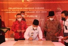 H. Budi Utomo, S.E., M.M.,Memberikan Sambutan Pelantikan PC Ikatan Mahasiswa Muhammadiyah (IMM) Lampung Utara.