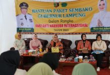 Hari Anti Narkotika Internasional, Ketua LKKS Ibu Riana Sari Arinal Berikan Ratusan Bantuan Paket Sembako kepada Warga di Way Kanan