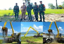 Satgas Pembersihan Gulma, Kodim 0412/LU dan Brigif TP 45/SB Bersihkan Bendungan Way Rarem dari Eceng Gondok