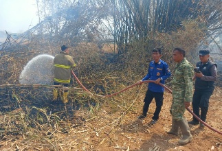 Babinsa dan Damkar Bergerak Cepat, Kebakaran Lahan Bambu di Kotabumi Berhasil Dipadamkan